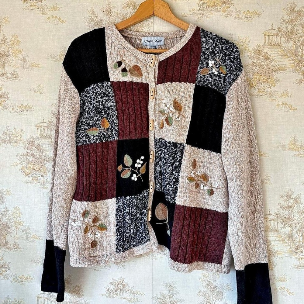 Vintage cottagecore oatmeal patchwork nature embr… - image 1